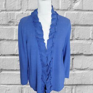 Jones Wear Royal Blue V Neck Ruffled Long Sleeve Cardigan Sweater in Size M